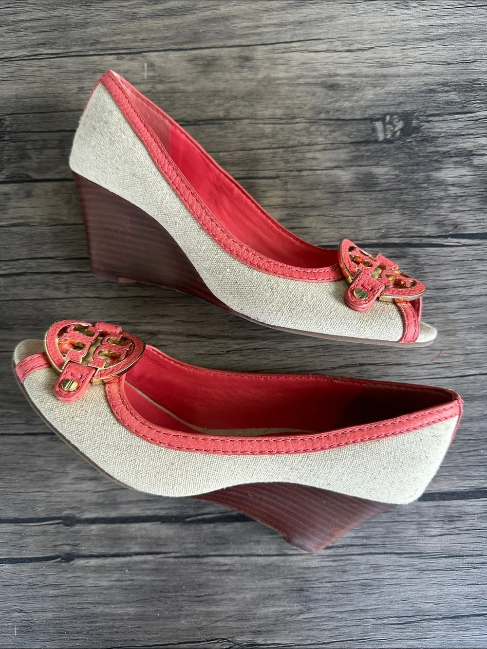 Tory Burch Coral-Trim Peep-Toe Wedges with Gold Logo
